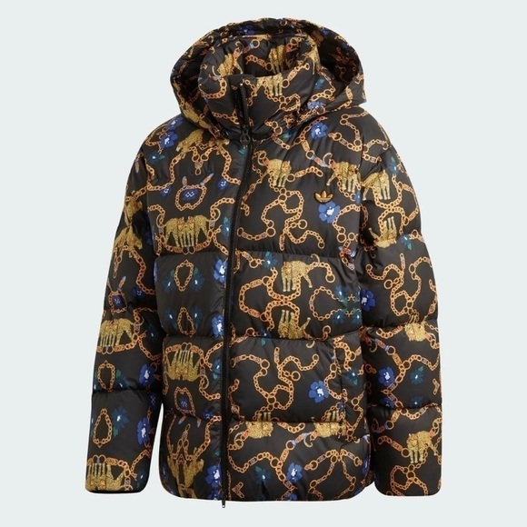 Adidas Womens Jacket L OS Down Puffer Fill Chain Floral Leopard Studio London - Picture 1 of 10
